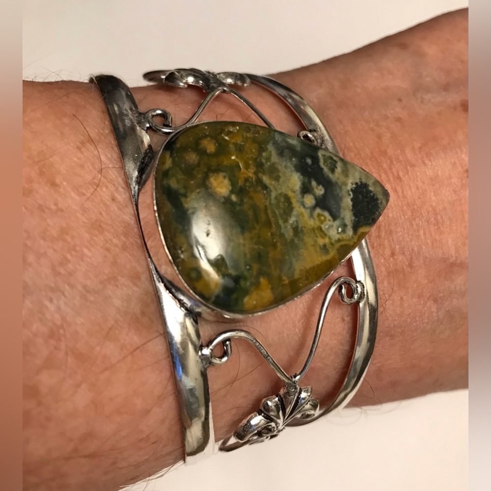 Ocean Jasper Stamped 925 Sterling Silver Cuff Bracelet